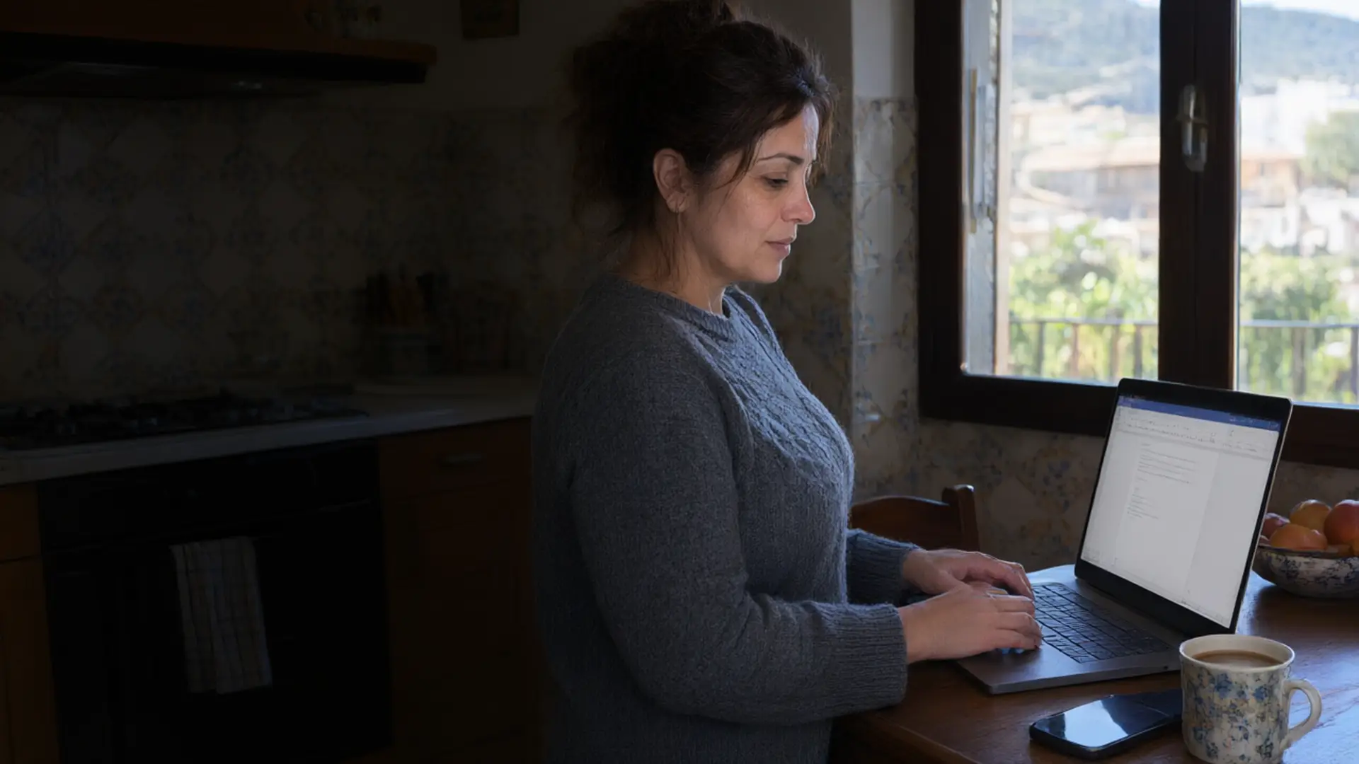 Lei al portatile di mattina presto, telefono a faccia in giù