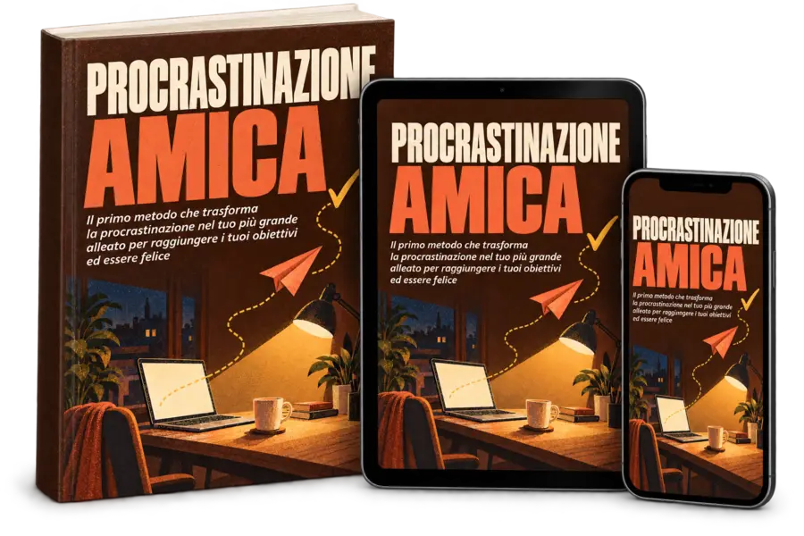 Copertina della guida Procrastinazione Amica, con iPad e iPhone